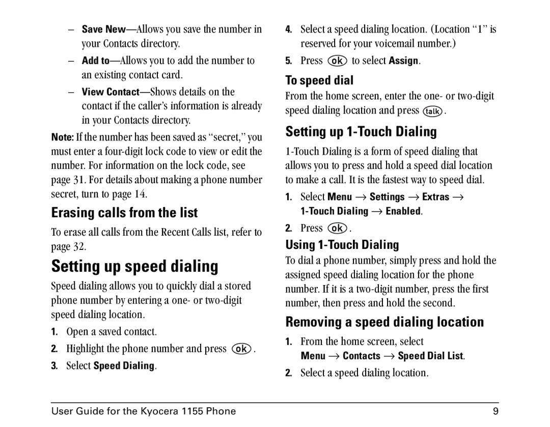 Kyocera 1155 manual Setting up speed dialing, Erasing calls from the list, Setting up 1-Touch Dialing 