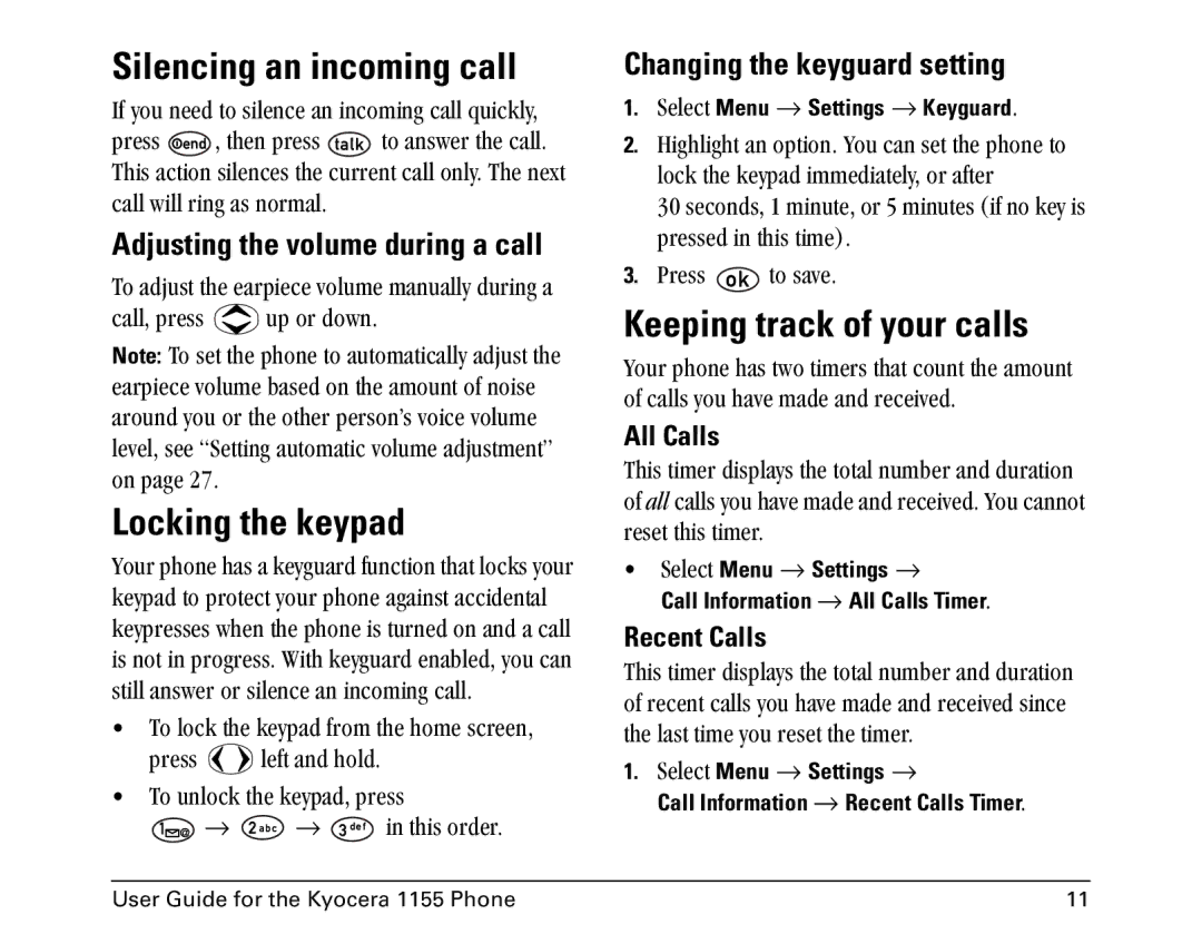 Kyocera 1155 Silencing an incoming call, Locking the keypad, Keeping track of your calls, Changing the keyguard setting 