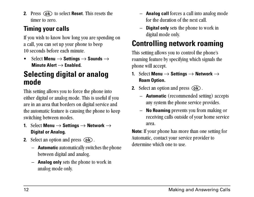 Kyocera 1155 manual Selecting digital or analog mode, Controlling network roaming, Timing your calls 