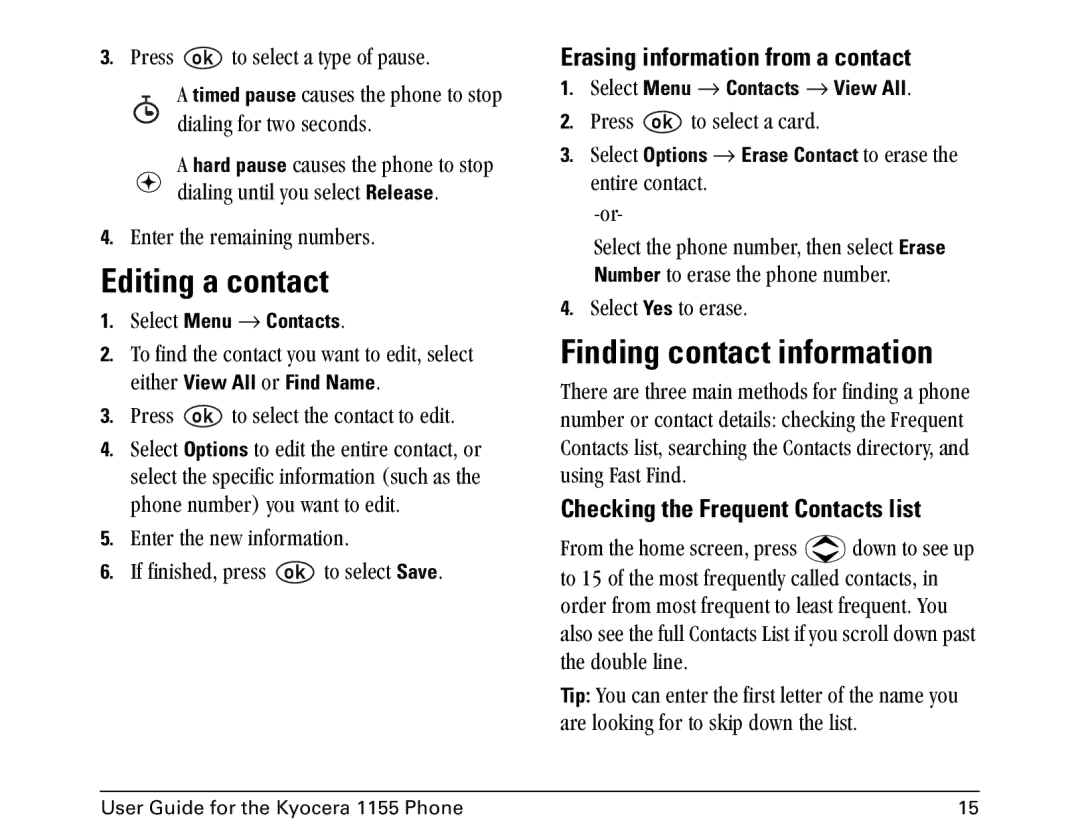 Kyocera 1155 manual Editing a contact, Finding contact information, Erasing information from a contact 