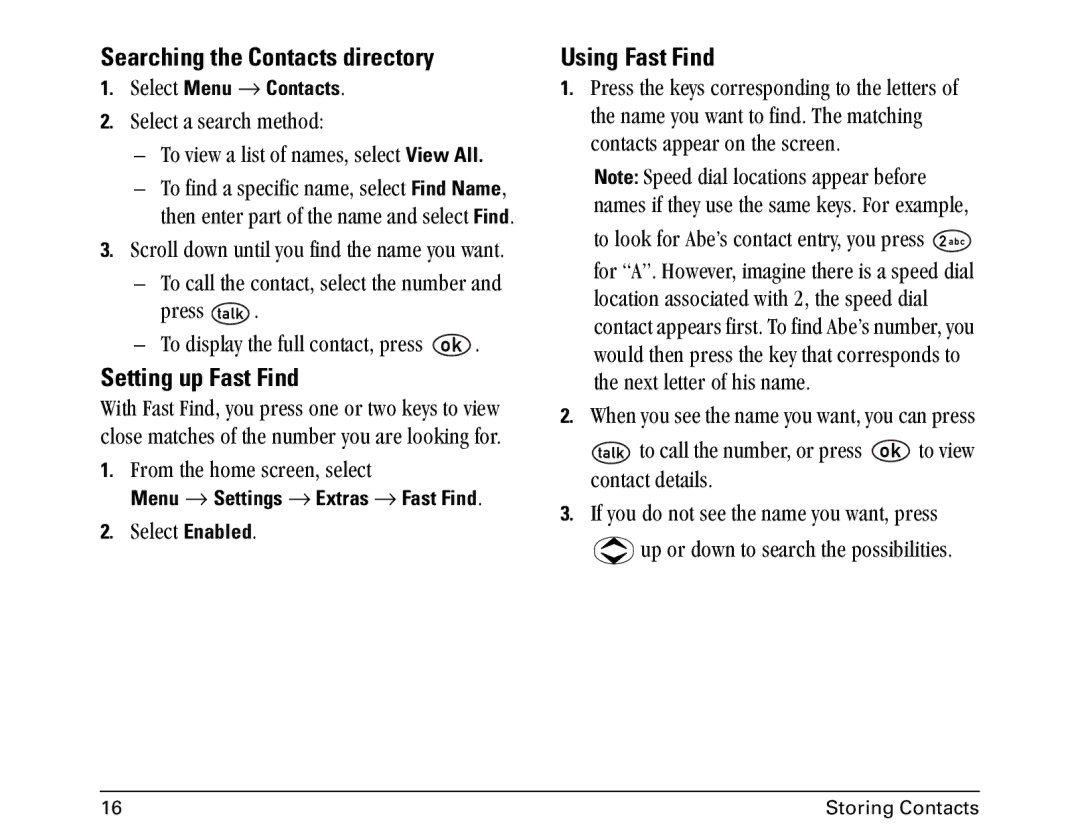 Kyocera 1155 manual Searching the Contacts directory, Using Fast Find 