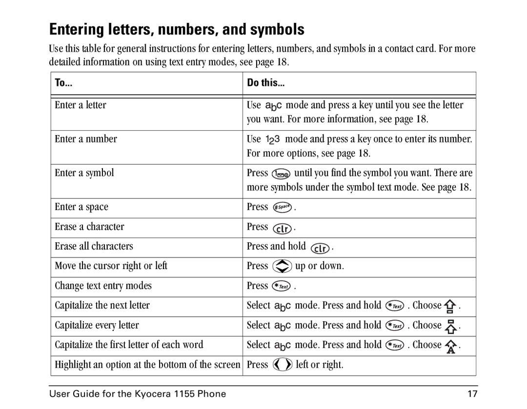 Kyocera 1155 manual Entering letters, numbers, and symbols, Do this 