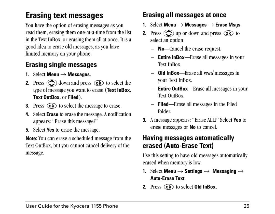 Kyocera 1155 manual Erasing text messages, Erasing single messages, Erasing all messages at once 