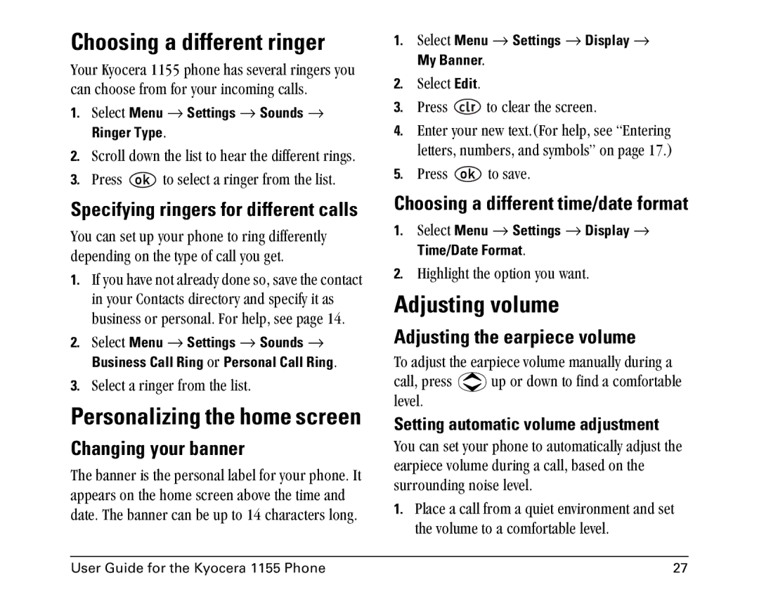 Kyocera 1155 Choosing a different ringer, Adjusting volume, Changing your banner, Choosing a different time/date format 