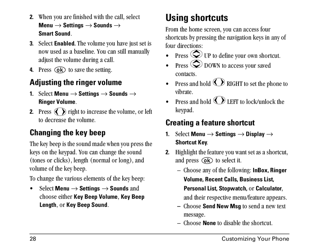 Kyocera 1155 manual Using shortcuts, Adjusting the ringer volume, Changing the key beep, Creating a feature shortcut 