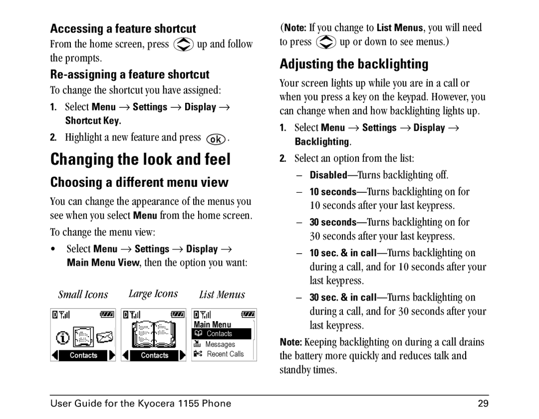 Kyocera 1155 manual Changing the look and feel, Choosing a different menu view, Adjusting the backlighting 