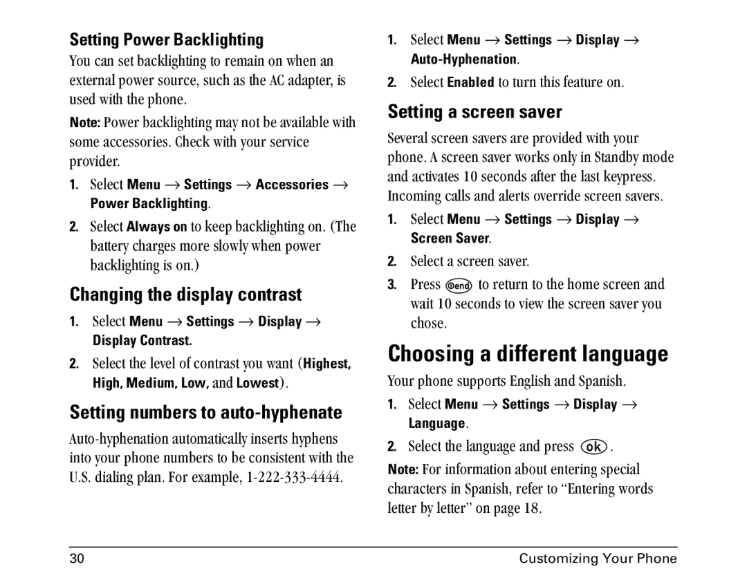 Kyocera 1155 manual Choosing a different language, Changing the display contrast, Setting a screen saver 