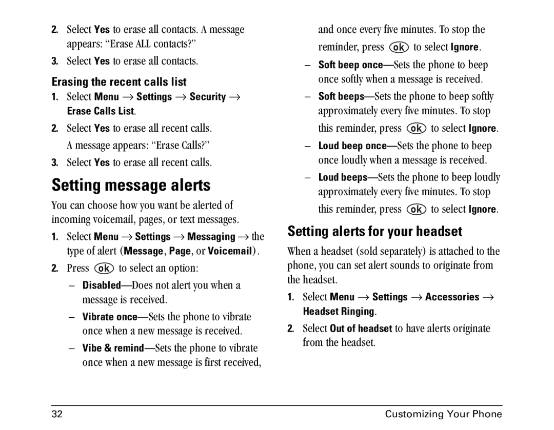 Kyocera 1155 manual Setting message alerts, Setting alerts for your headset, Erasing the recent calls list 