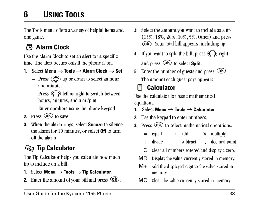 Kyocera 1155 manual Using Tools, Alarm Clock, Tip Calculator 