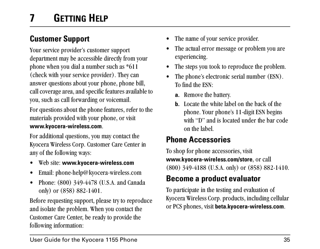 Kyocera 1155 manual Getting Help, Customer Support, Phone Accessories, Become a product evaluator 