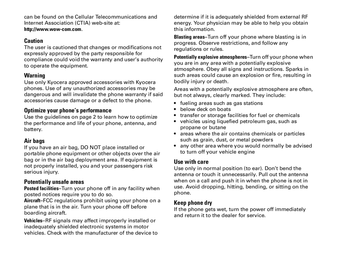 Kyocera 1155 manual Optimize your phone’s performance, Air bags, Potentially unsafe areas, Use with care, Keep phone dry 