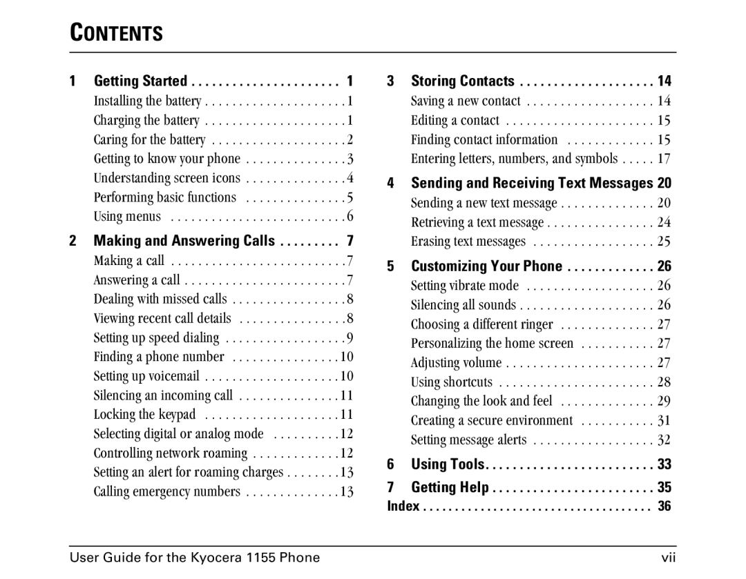 Kyocera 1155 manual Contents 