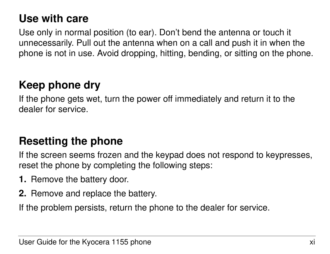 Kyocera 1155 manual Use with care, Keep phone dry, Resetting the phone 