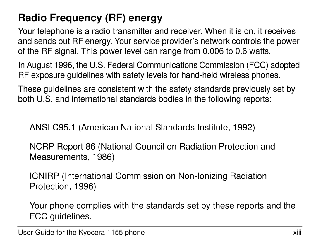 Kyocera 1155 manual Radio Frequency RF energy 