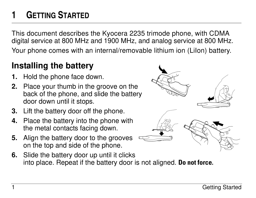 Kyocera 1155 manual Installing the battery, Getting Started 