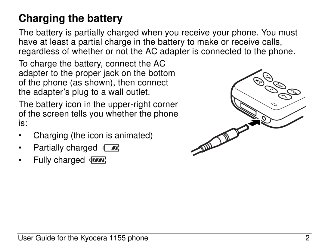 Kyocera 1155 manual Charging the battery 