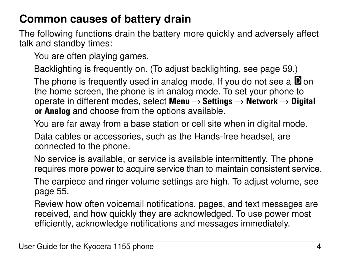 Kyocera 1155 manual Common causes of battery drain 