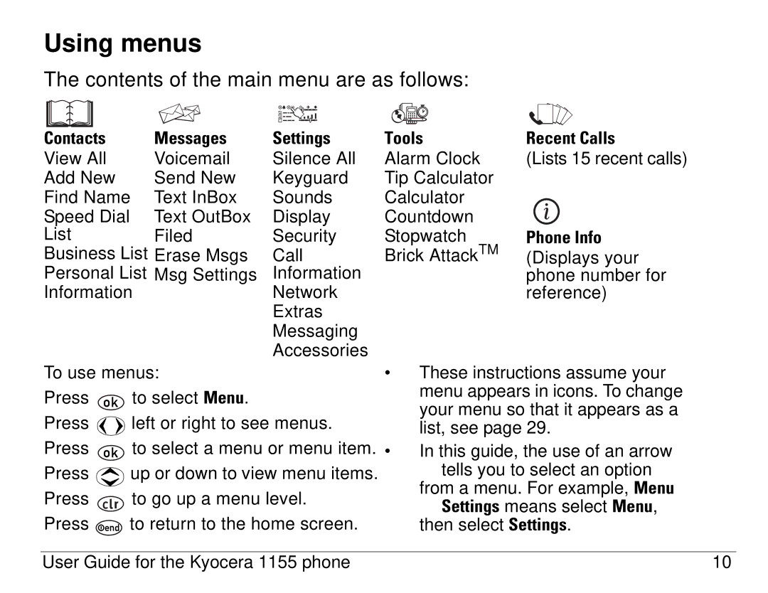 Kyocera 1155 manual Using menus, Contents of the main menu are as follows 