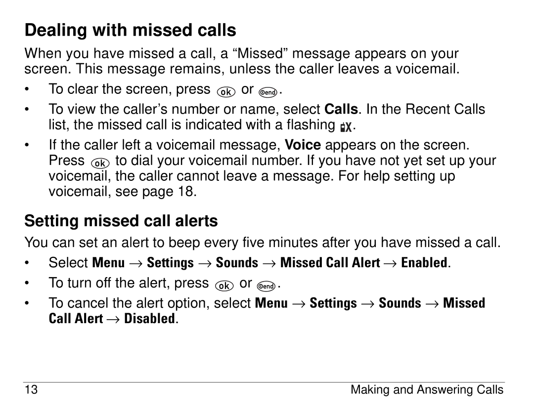 Kyocera 1155 manual Dealing with missed calls, Setting missed call alerts 