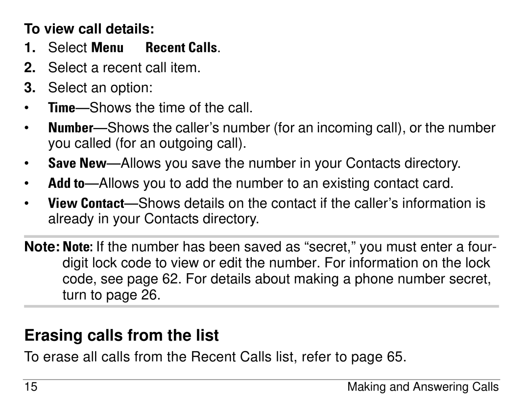 Kyocera 1155 manual Erasing calls from the list, To view call details Select Menu → Recent Calls 