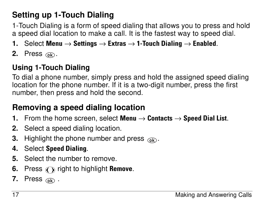 Kyocera 1155 manual Setting up 1-Touch Dialing, Removing a speed dialing location, Using 1-Touch Dialing 