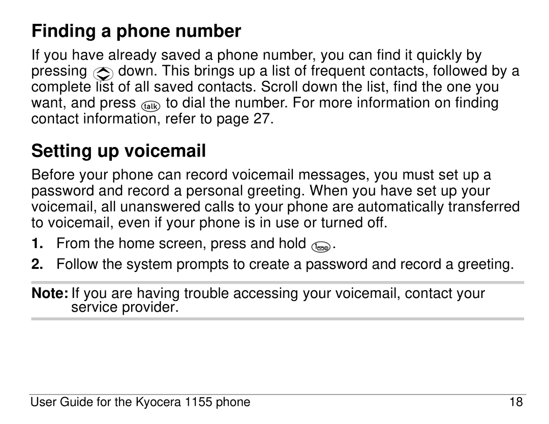 Kyocera 1155 manual Finding a phone number, Setting up voicemail 