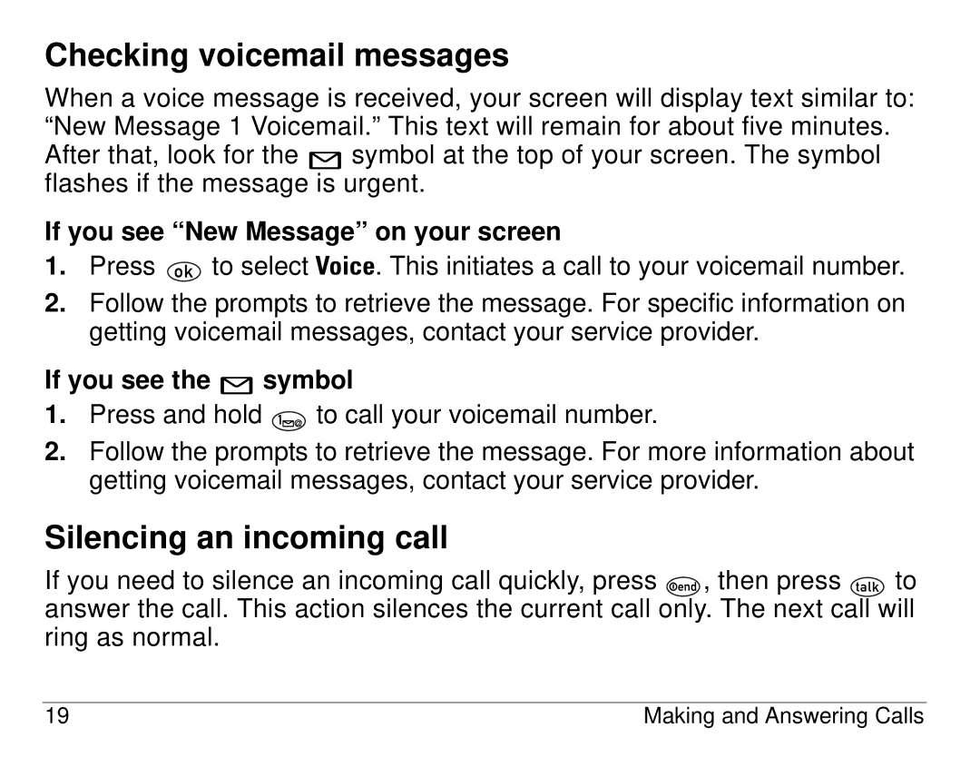 Kyocera 1155 manual Checking voicemail messages, Silencing an incoming call 