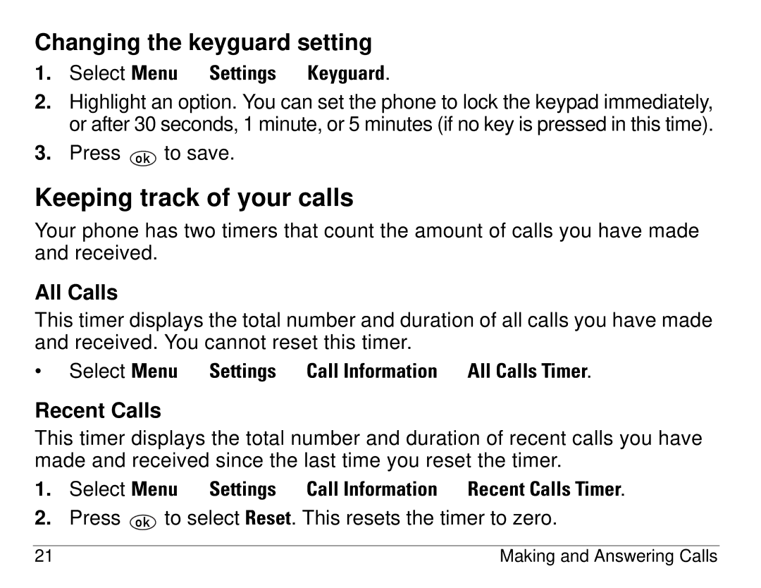 Kyocera 1155 manual Keeping track of your calls, Changing the keyguard setting, All Calls, Recent Calls 