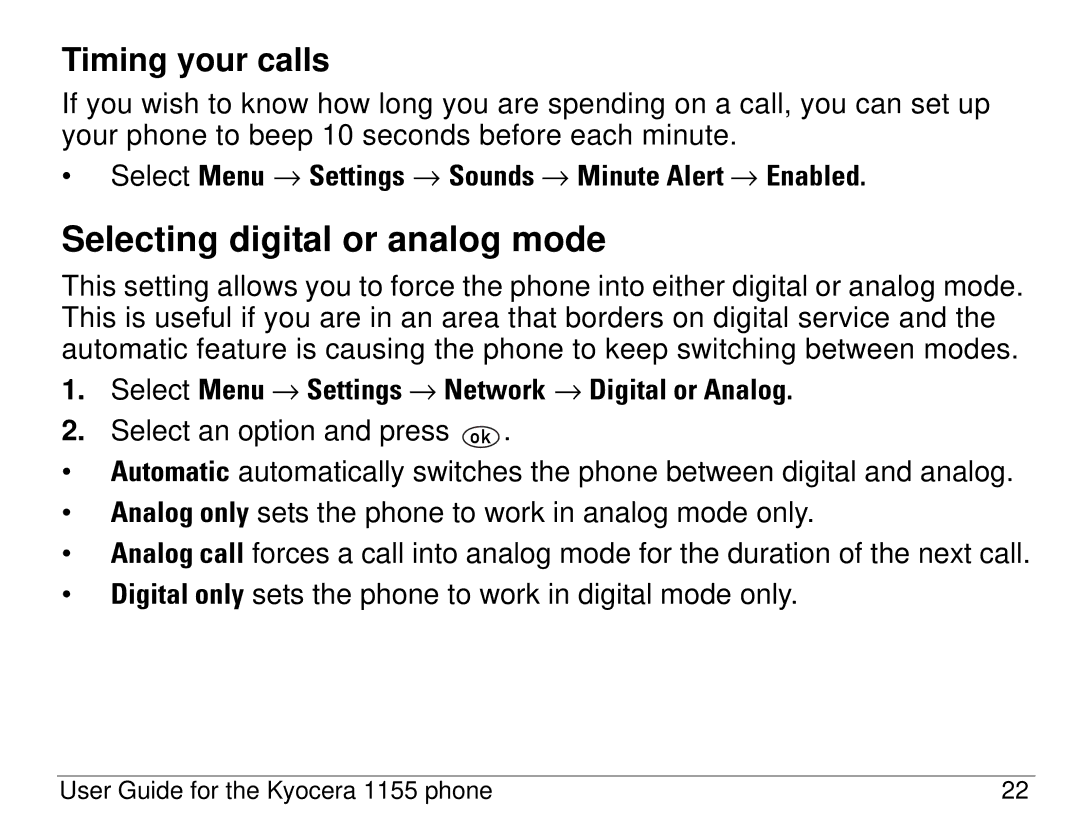 Kyocera 1155 Selecting digital or analog mode, Timing your calls, Select Menu → Settings → Sounds → Minute Alert → Enabled 