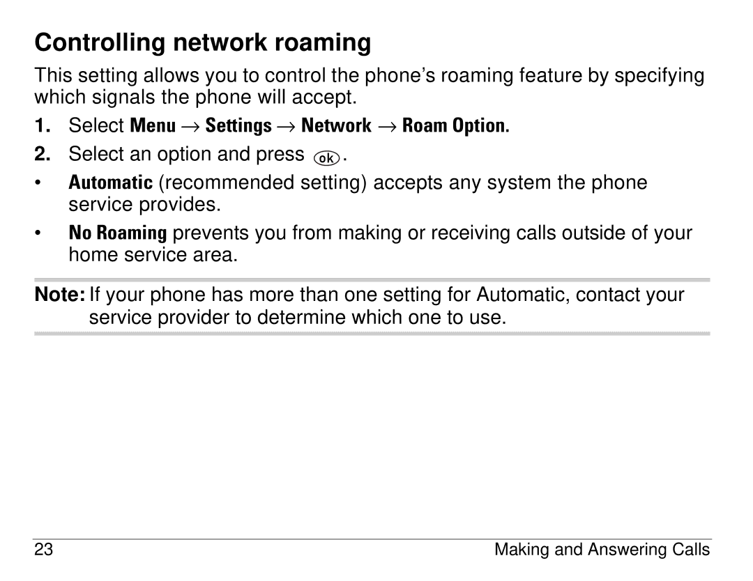 Kyocera 1155 manual Controlling network roaming, Select Menu → Settings → Network → Roam Option 