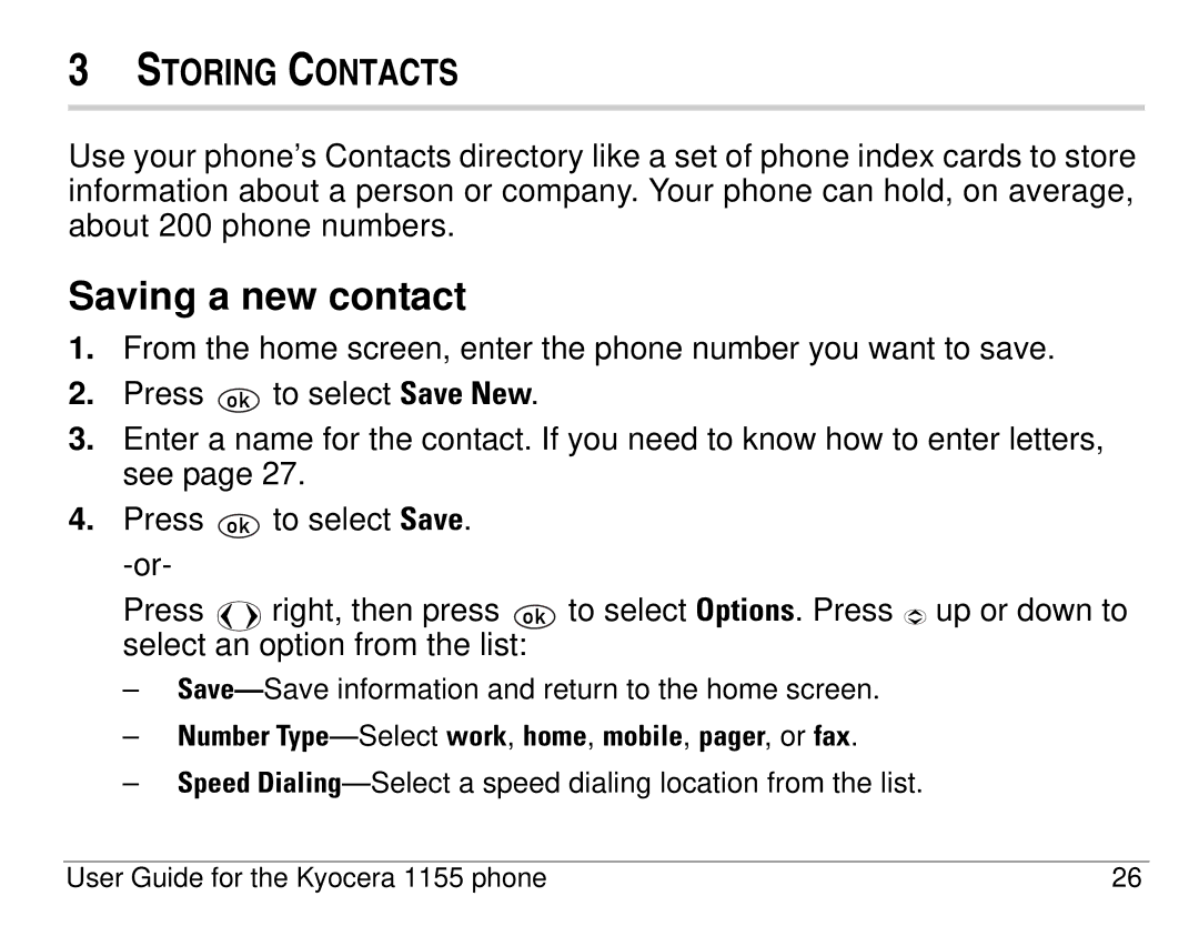 Kyocera 1155 manual Saving a new contact, Storing Contacts 