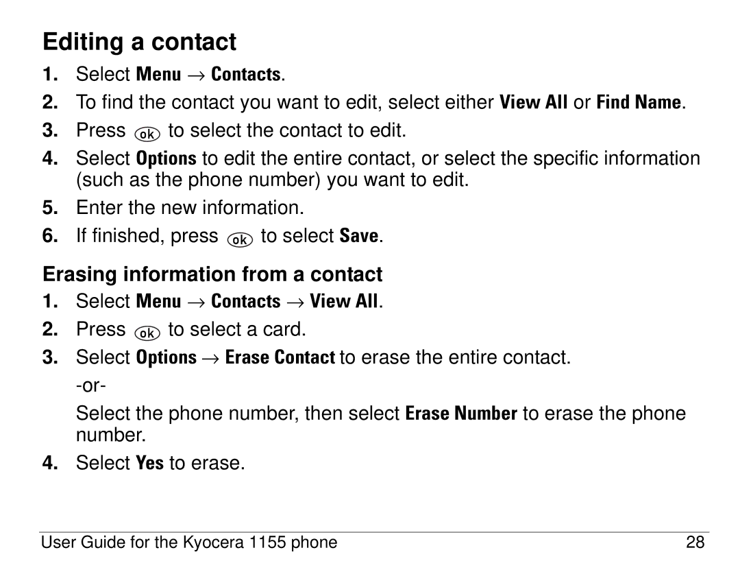 Kyocera 1155 manual Editing a contact, Erasing information from a contact, Select Menu → Contacts 