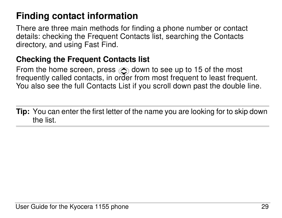 Kyocera 1155 manual Finding contact information, Checking the Frequent Contacts list 