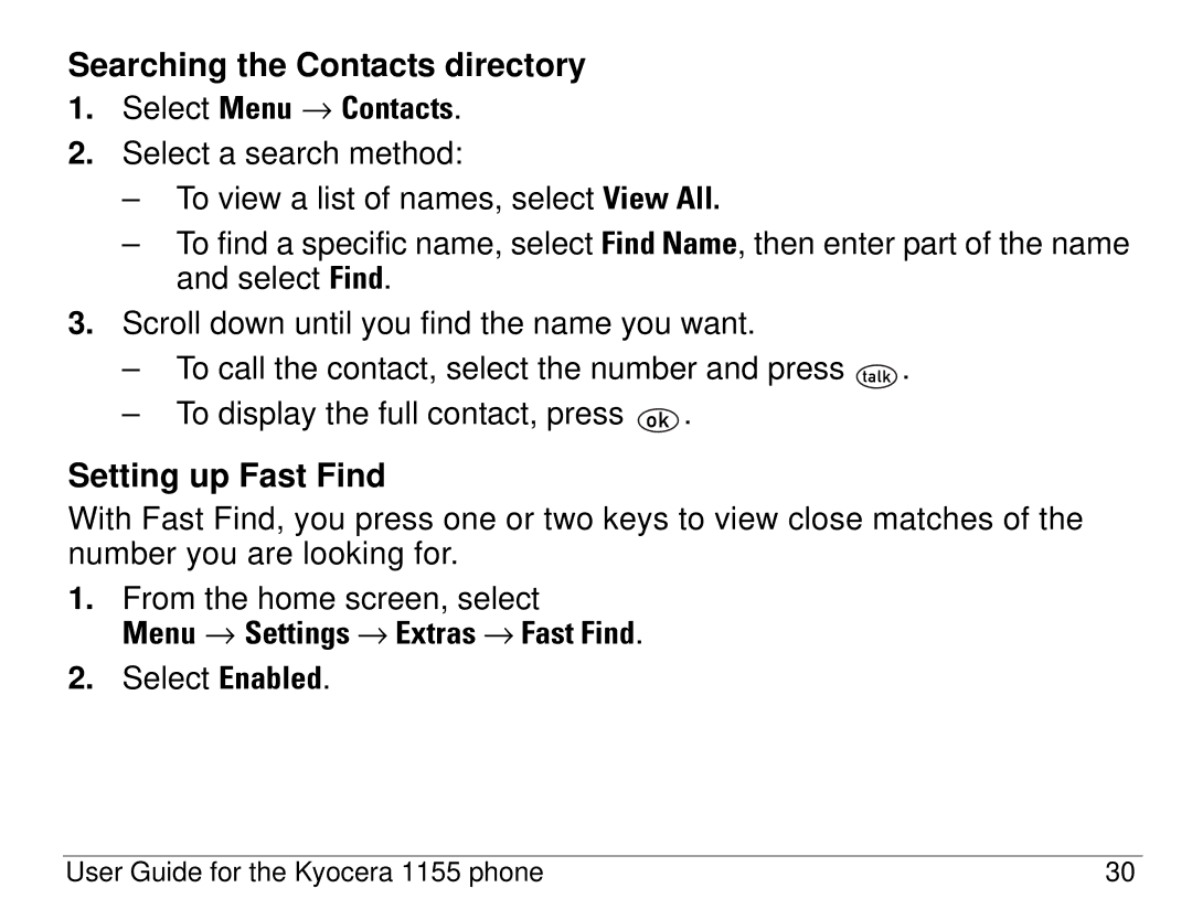 Kyocera 1155 manual Searching the Contacts directory, Setting up Fast Find, Menu → Settings → Extras → Fast Find 