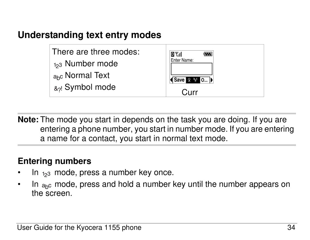 Kyocera 1155 manual Understanding text entry modes, Entering numbers 