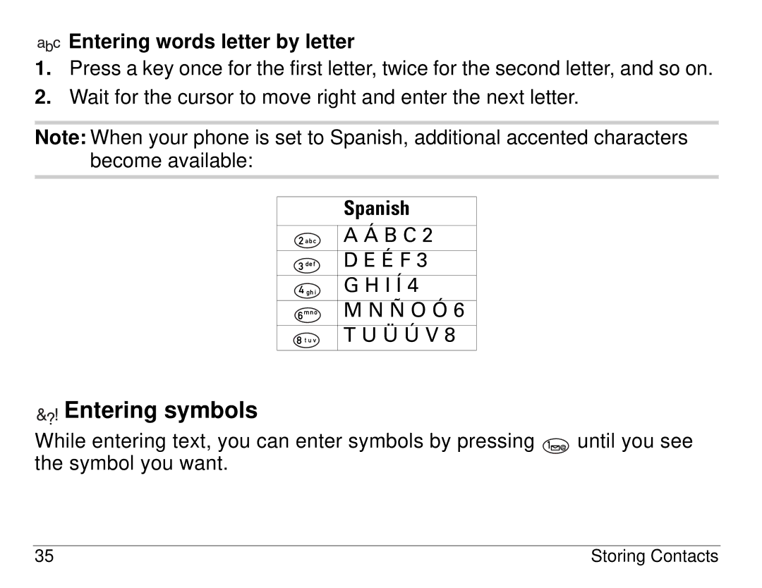 Kyocera 1155 manual Entering symbols, Spanish 