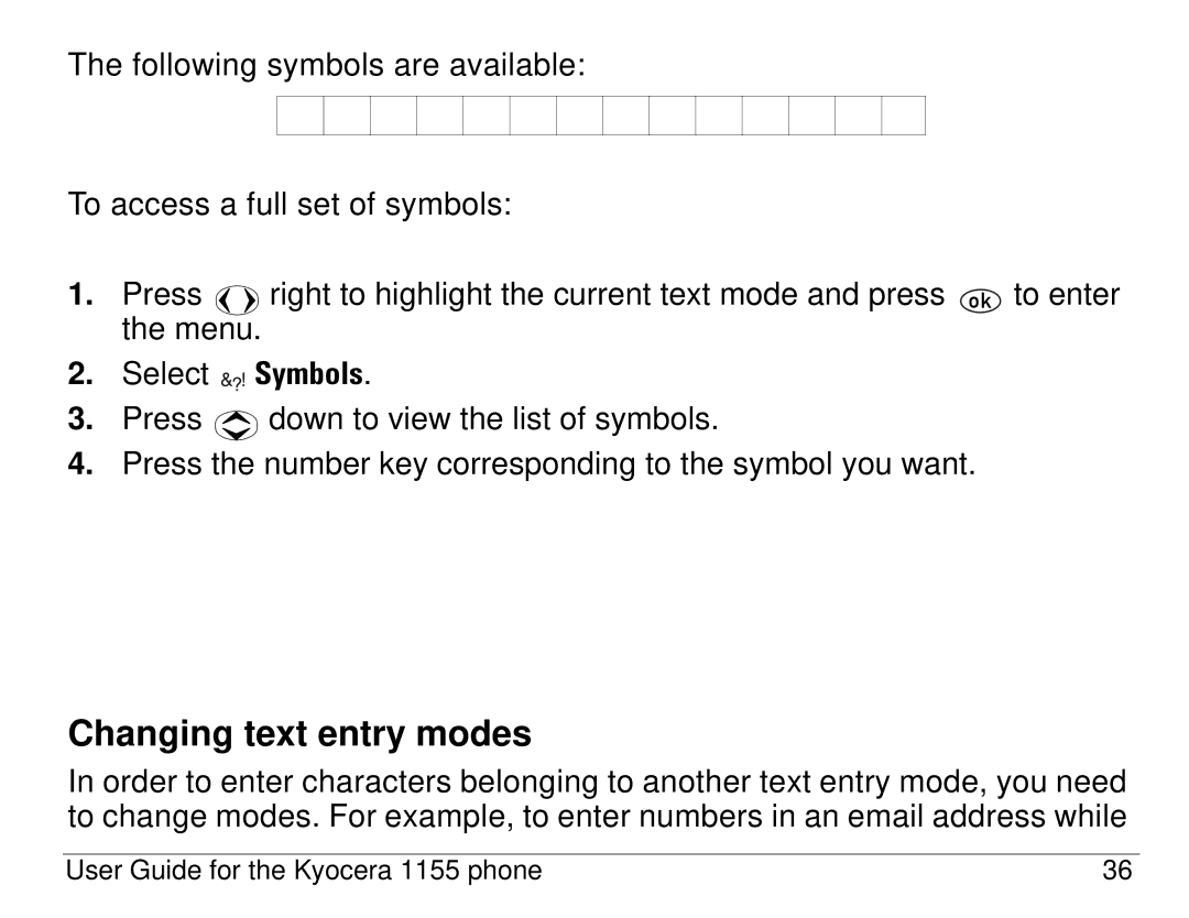 Kyocera 1155 manual Changing text entry modes 