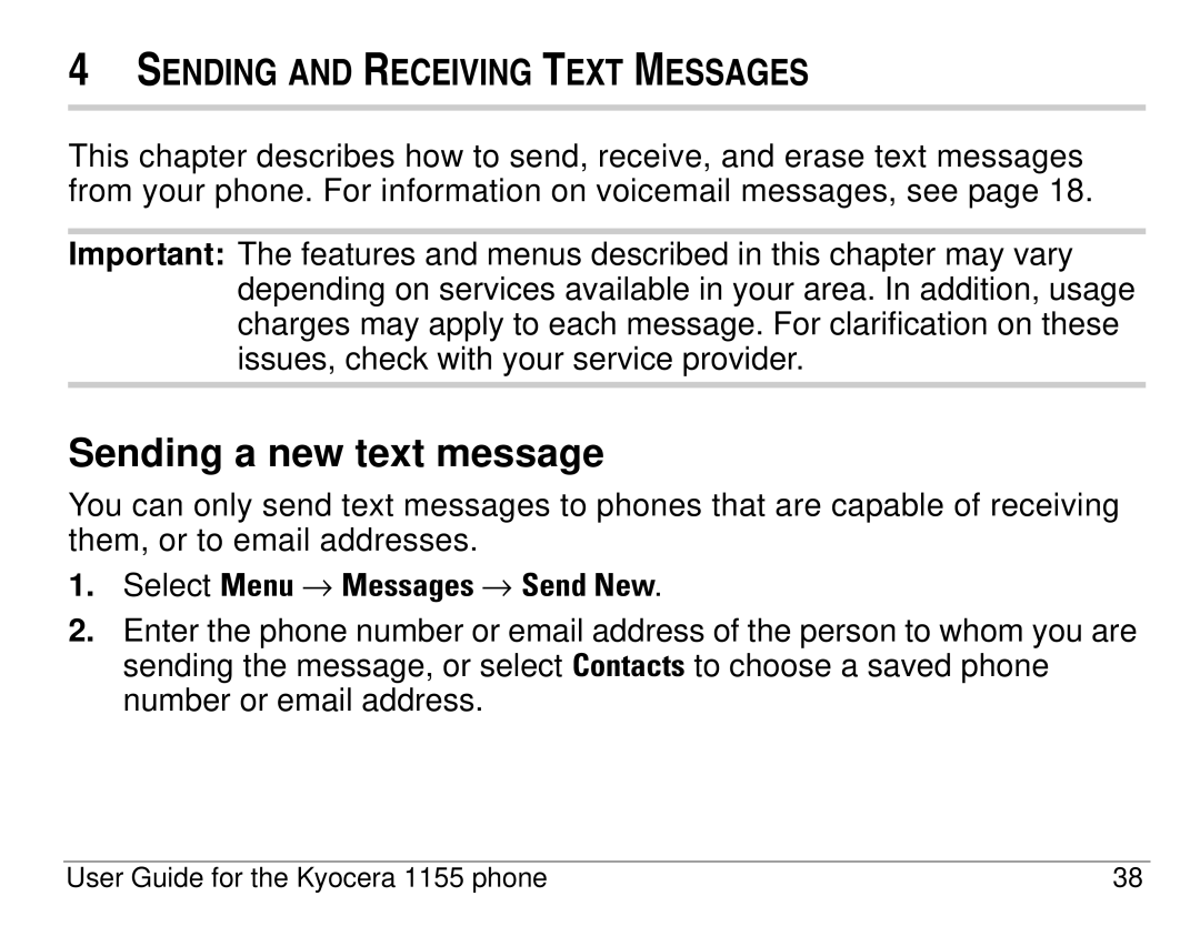 Kyocera 1155 manual Sending a new text message, Select Menu → Messages → Send New 