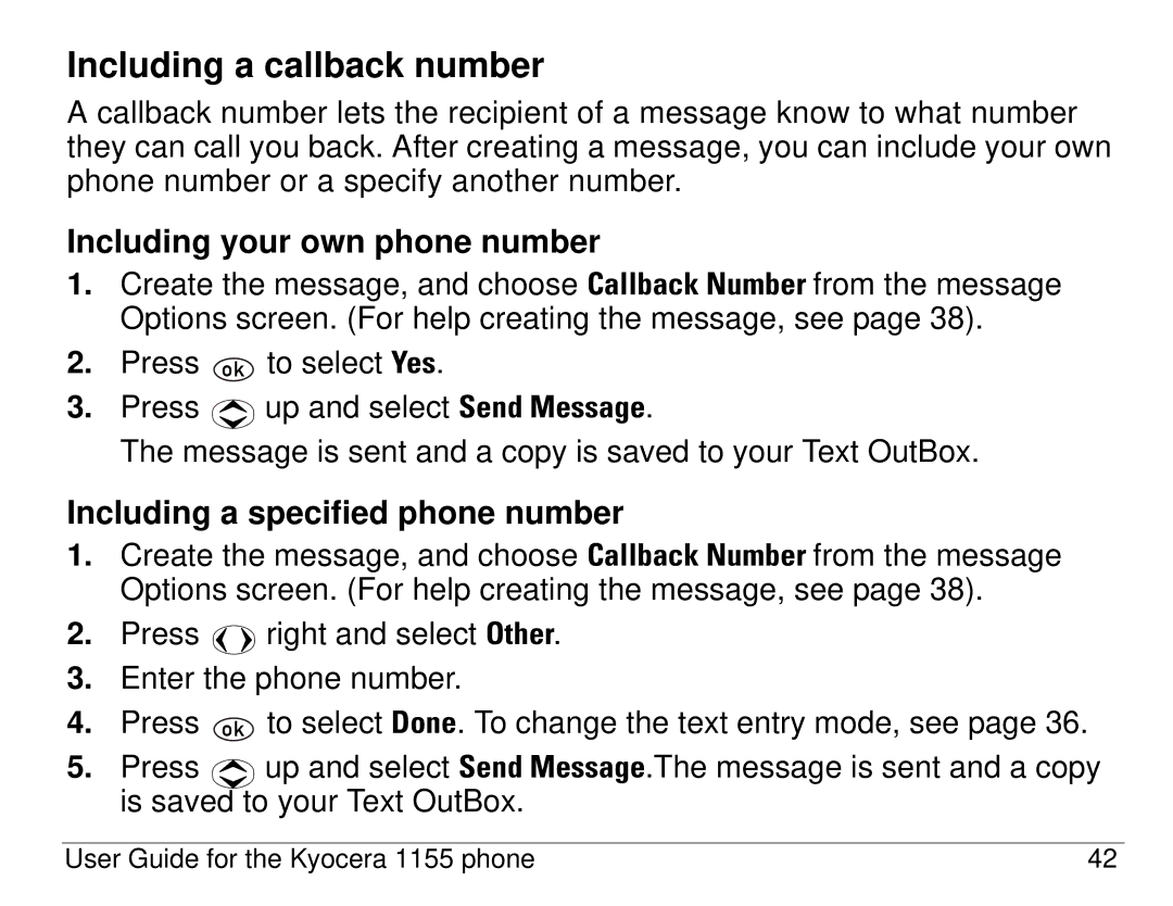 Kyocera 1155 manual Including a callback number, Including your own phone number, Including a specified phone number 