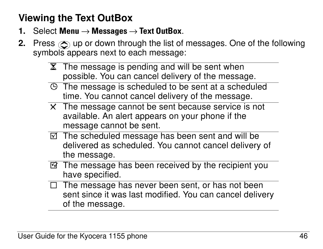 Kyocera 1155 manual Viewing the Text OutBox, Select Menu → Messages → Text OutBox 