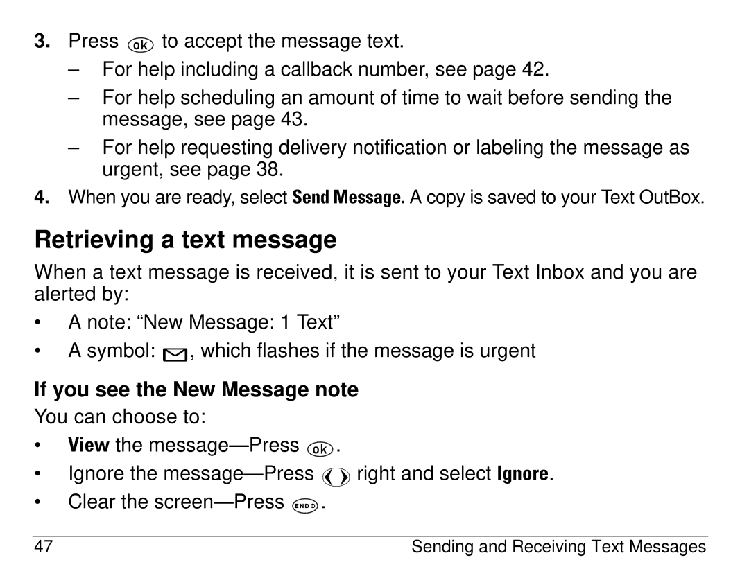 Kyocera 1155 manual Retrieving a text message, If you see the New Message note 