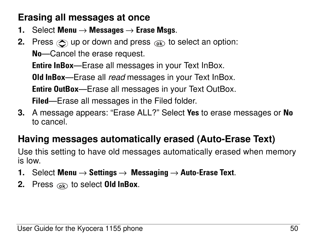 Kyocera 1155 manual Erasing all messages at once, Having messages automatically erased Auto-Erase Text 