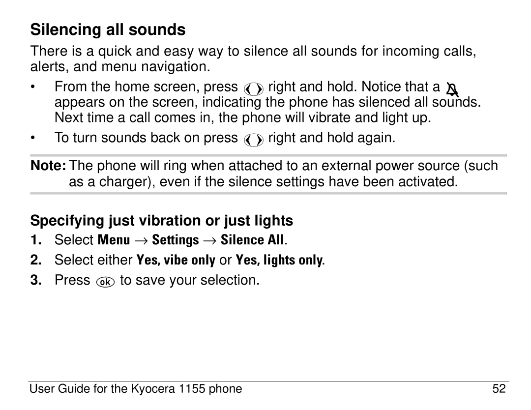 Kyocera 1155 manual Silencing all sounds, Specifying just vibration or just lights 