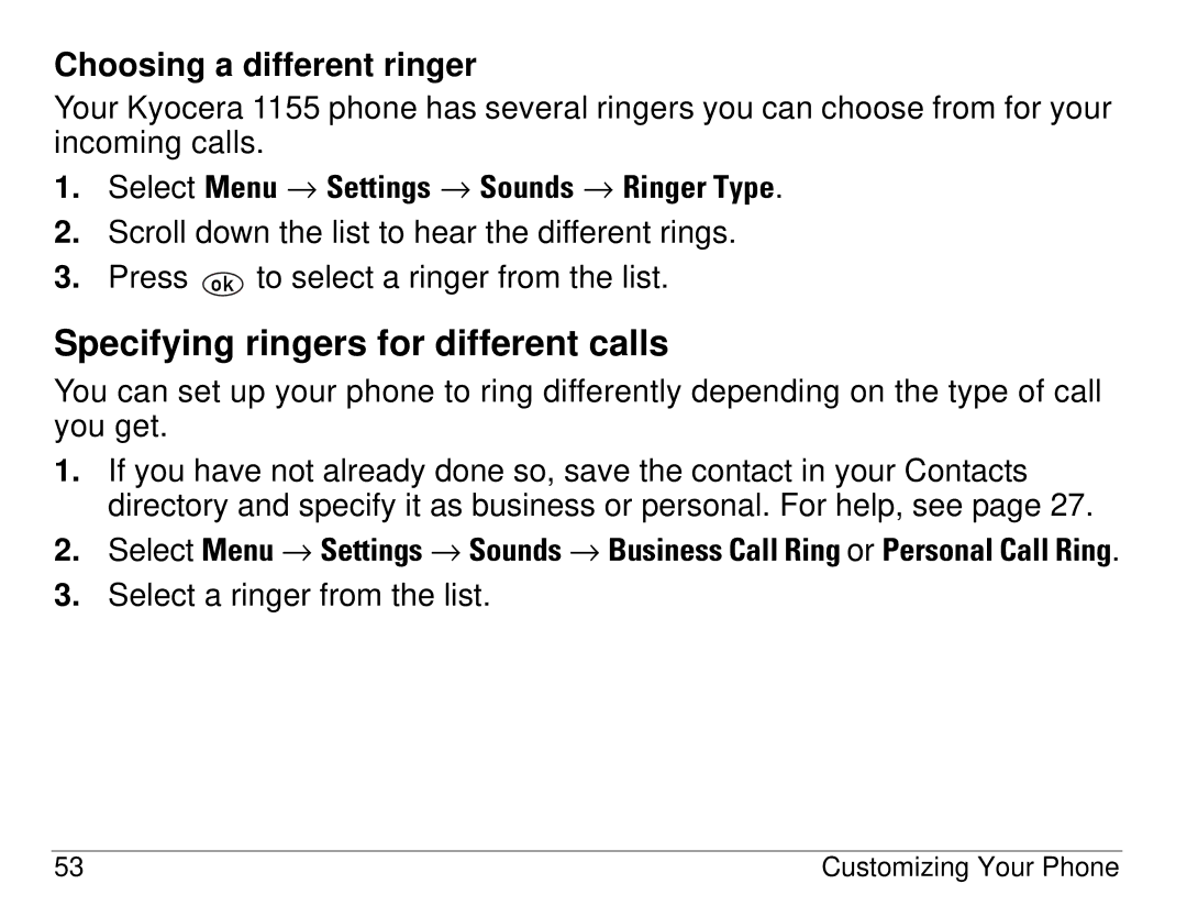 Kyocera 1155 manual Specifying ringers for different calls, Choosing a different ringer 