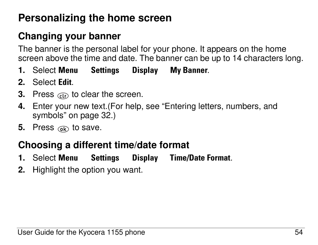 Kyocera 1155 manual Personalizing the home screen, Changing your banner, Choosing a different time/date format 