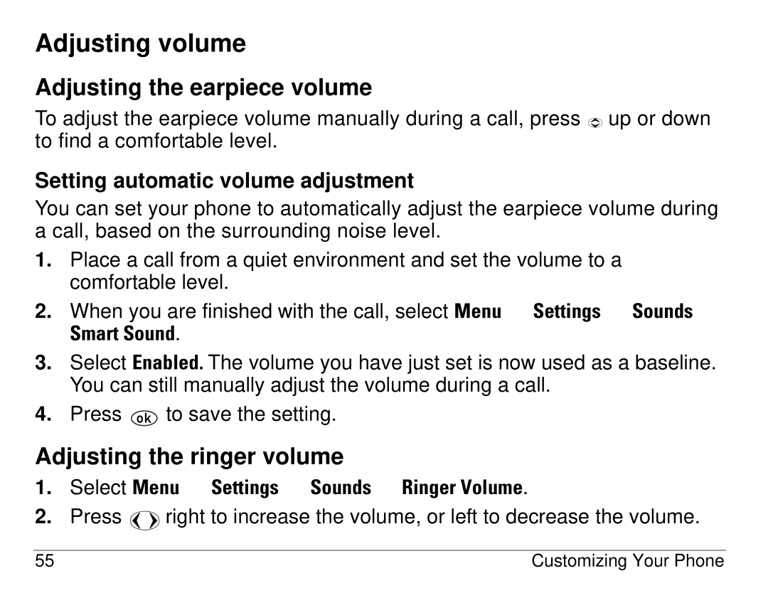 Kyocera 1155 manual Adjusting volume, Adjusting the earpiece volume, Adjusting the ringer volume 