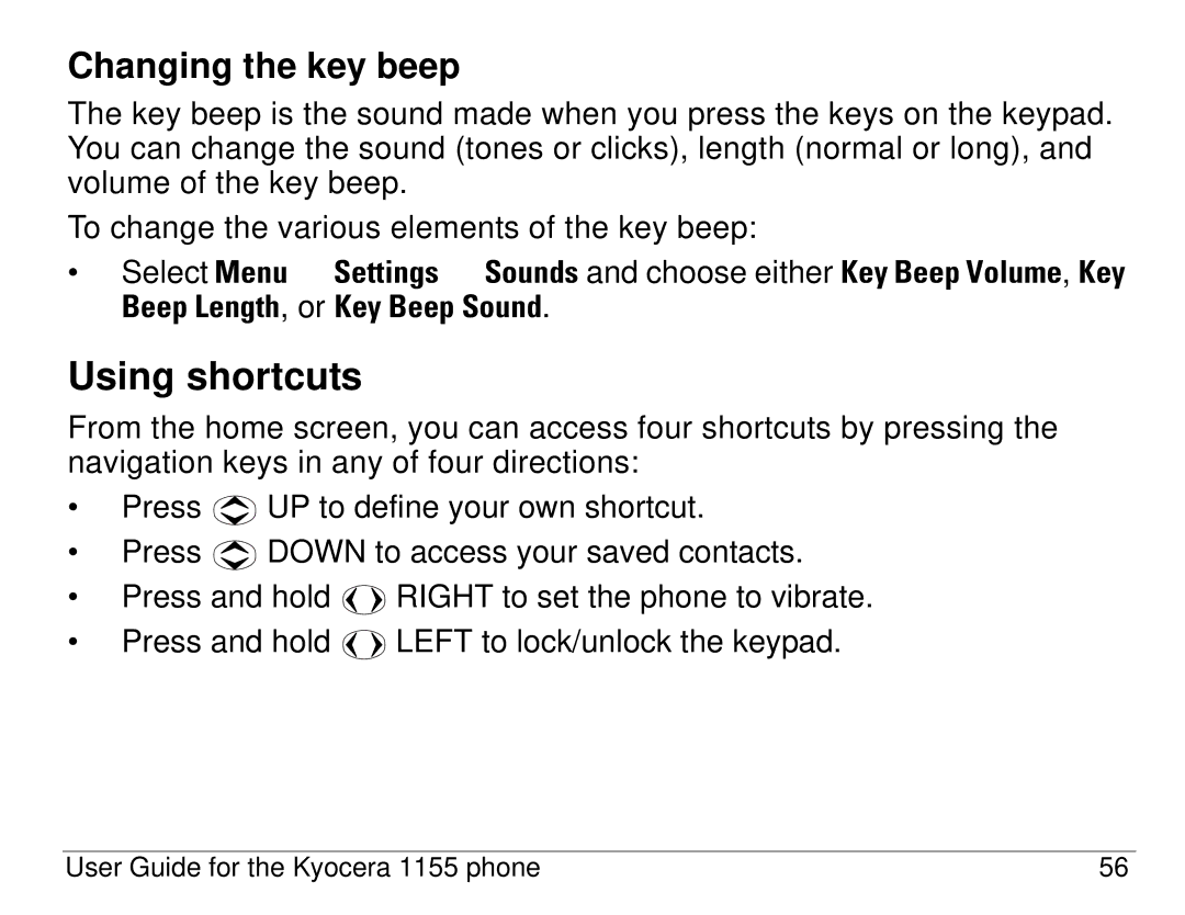 Kyocera 1155 manual Using shortcuts, Changing the key beep 