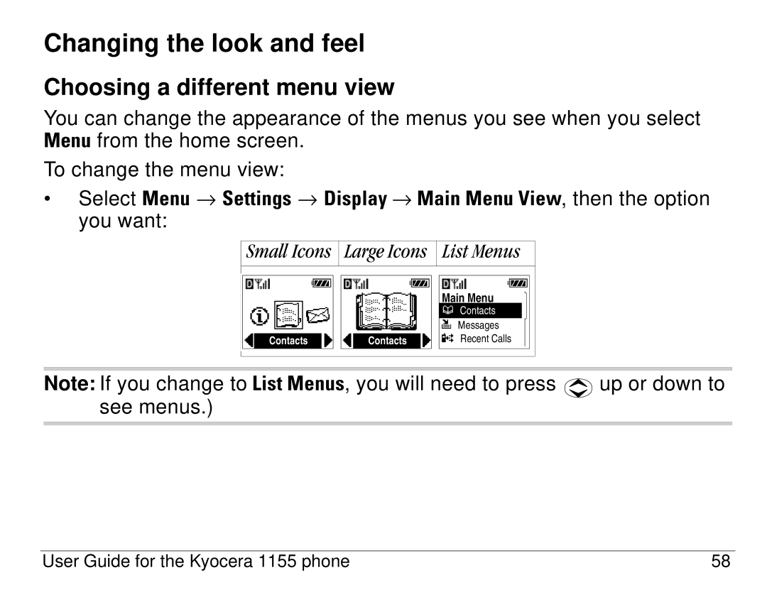 Kyocera 1155 manual Changing the look and feel, Choosing a different menu view 