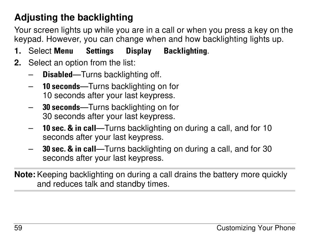 Kyocera 1155 manual Adjusting the backlighting, Select Menu → Settings → Display → Backlighting 