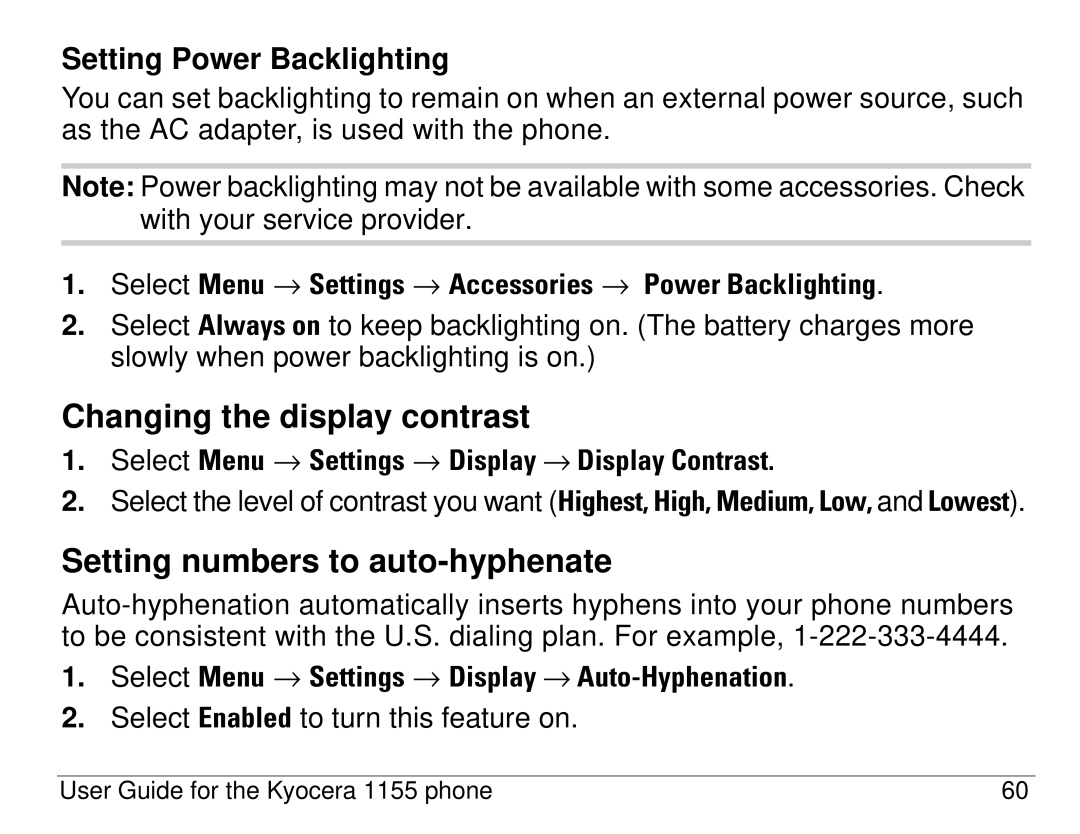 Kyocera 1155 manual Changing the display contrast, Setting numbers to auto-hyphenate, Setting Power Backlighting 